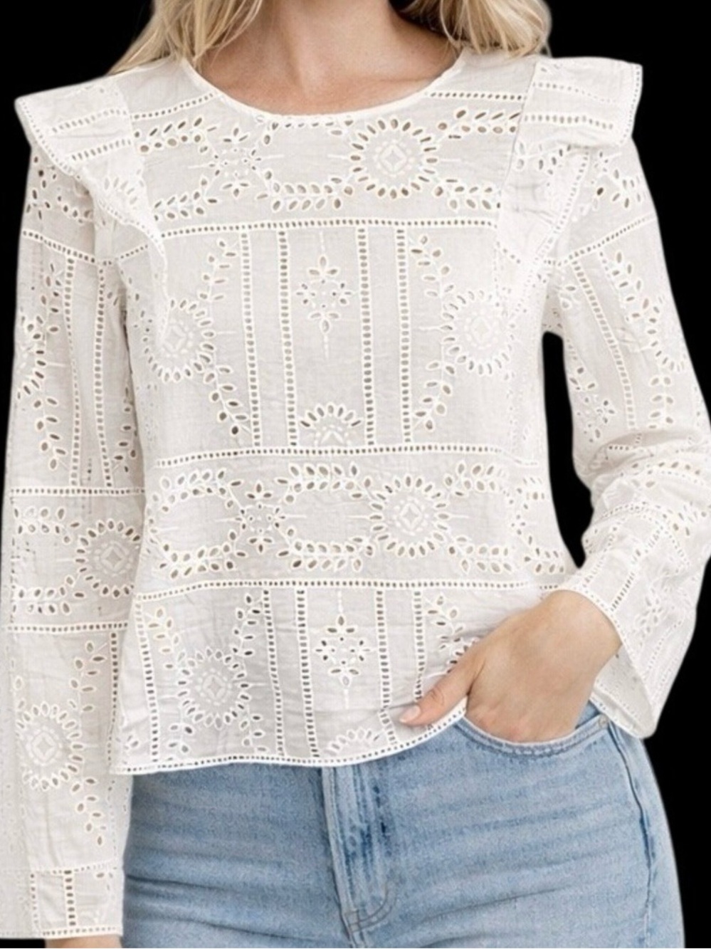 The Kooples Womens Blouse Size 2 White Eyelet Flower Embroidery Ruffle Romantic